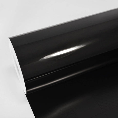 Close-up of TeckWrap Ultimate Black (CG01-HD) Vinyl Wrap Gloss, showcasing its smooth, high-gloss finish ideal for luxurious vehicle styling.