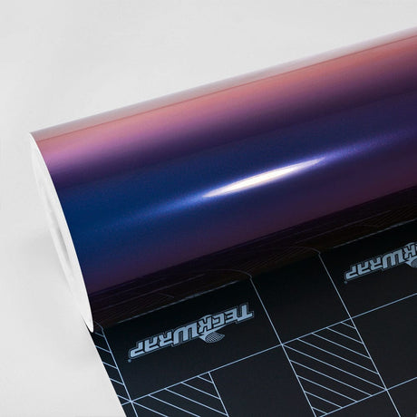 TeckWrap Violet Sunrise (RD14-HD) Gloss Vinyl Wrap Roll, displaying vibrant color shifts from violet to rich blue and violet tones.