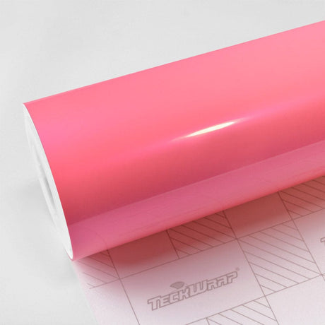 TeckWrap Wild Heather (DS05-HD) vinyl wrap roll showcasing its vibrant glossy pink surface, perfect for a bold and stylish car transformation.