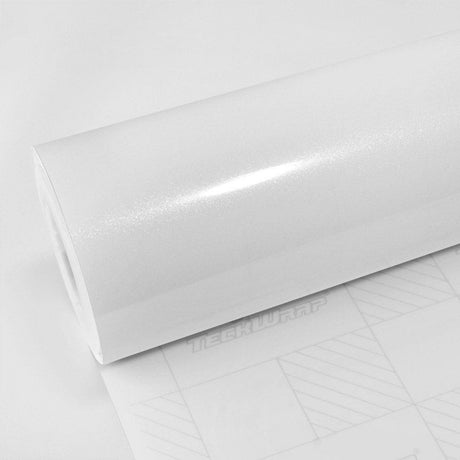 Close-up view of TeckWrap Diamond White (CK801-HD) Vinyl Wrap roll showcasing a bright white gloss finish with a subtle diamond sparkle effect, designed for premium automotive wrapping with high durability and clean release liner.