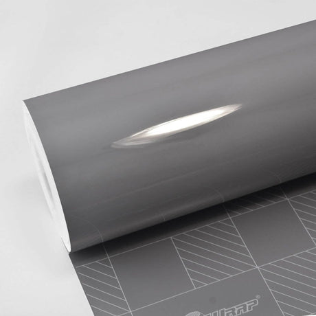 Roll of TeckWrap Gloss Battleship Grey (CG20-HD) vinyl wrap showcasing its smooth, high-gloss finish and uniform battleship grey color.