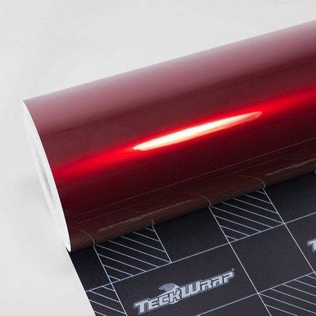 Close-up roll of Velvet Red (GAL30-HD) High Glossy vinyl wrap by TeckWrap, showcasing its smooth, vibrant gloss finish ideal for vehicle customization.