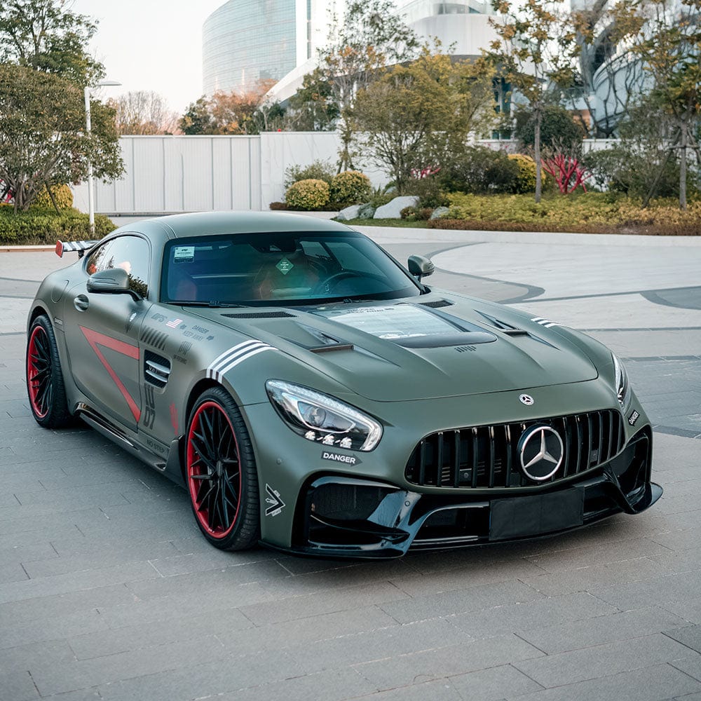 Mercedes-AMG sports car with TeckWrap SCM23 Matte Lizard Grey vinyl wrap, enhanced with racing decals and aggressive styling.