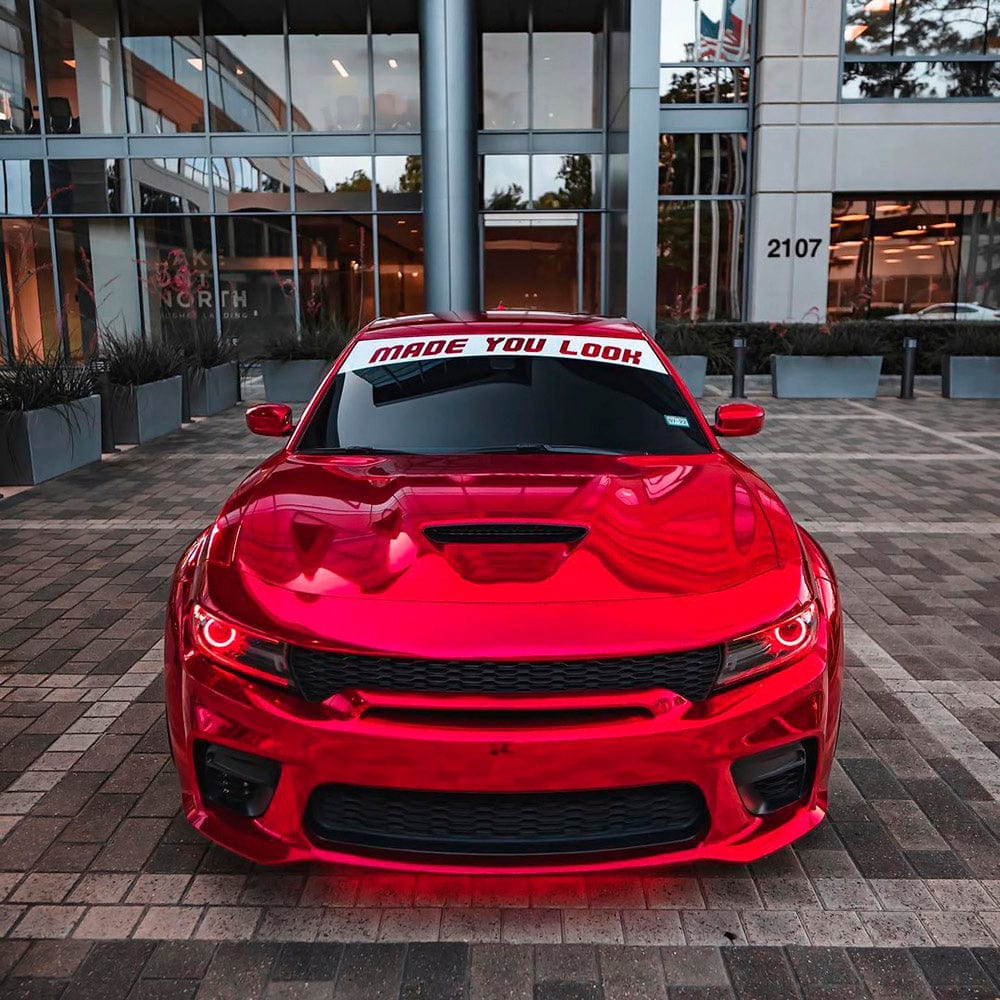 Front View of a Cherry Red Chrome Vinyl Wrapped Car with Aggressive Styling, Reflective Gloss Shine