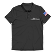 Front view of the TeckWrap short sleeve polo T-shirt in classic black, featuring the white TeckWrap logo prominently on the chest and a vibrant U.S. flag patch on the left sleeve, ideal for casual wear or branded attire.