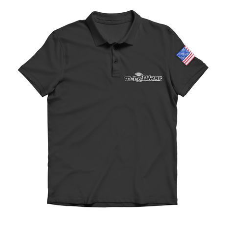 Front view of the TeckWrap short sleeve polo T-shirt in classic black, featuring the white TeckWrap logo prominently on the chest and a vibrant U.S. flag patch on the left sleeve, ideal for casual wear or branded attire.