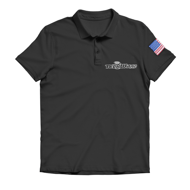Front view of the TeckWrap short sleeve polo T-shirt in classic black, featuring the white TeckWrap logo prominently on the chest and a vibrant U.S. flag patch on the left sleeve, ideal for casual wear or branded attire.