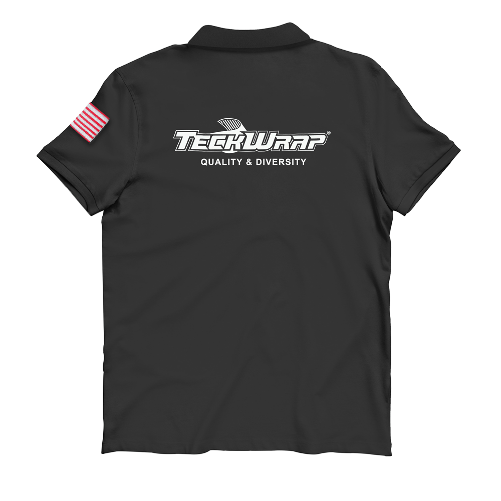 Back view of the black TeckWrap short sleeve polo T-shirt showcasing the large white TeckWrap logo with the tagline 'Quality & Diversity,' complemented by a U.S. flag patch on the right sleeve, perfect for stylish yet professional branding.