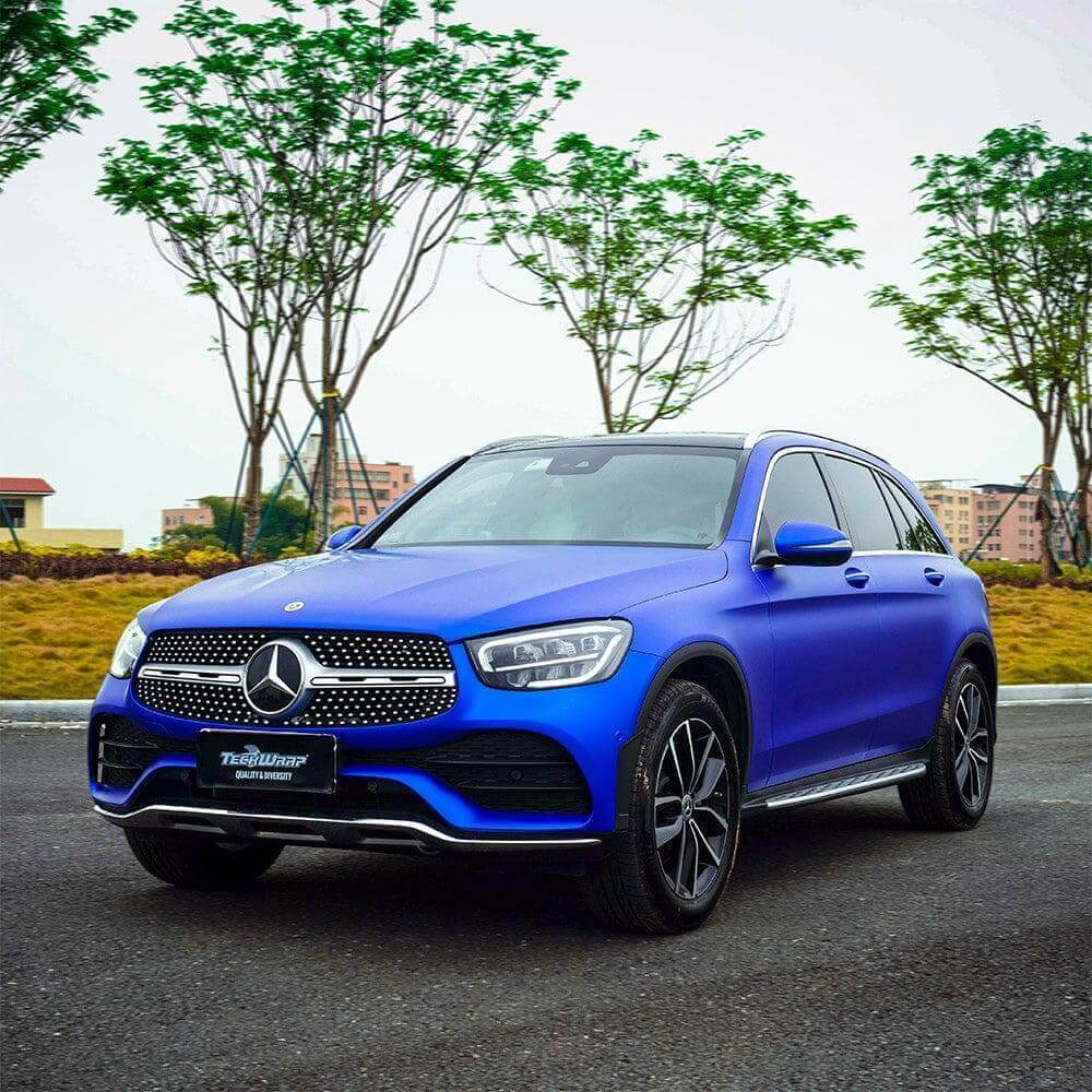 Mercedes-Benz wrapped elegantly in Teckwrap Satin Admiral Blue (SMT08) vinyl, demonstrating the sophisticated matte-satin appearance and stunning color transformation.