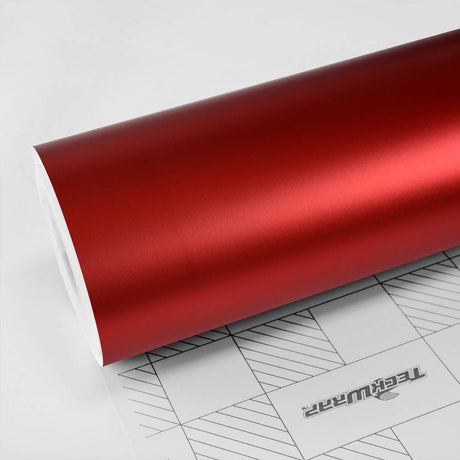 Close-Up of TeckWrap Crimson Red Satin Vinyl Wrap Roll (VCH401-S) – High-quality roll of TeckWrap vinyl in a luxurious satin crimson red finish, perfect for automotive styling, vehicle wrapping, and detailing projects.