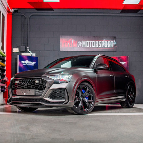 Audi RS Q8 wrapped in TeckWrap Dark Grey Silk (HM01) Satin Vinyl, featuring a sleek and refined satin metallic dark grey finish — a bold, elegant choice for high-performance vehicle customization.
