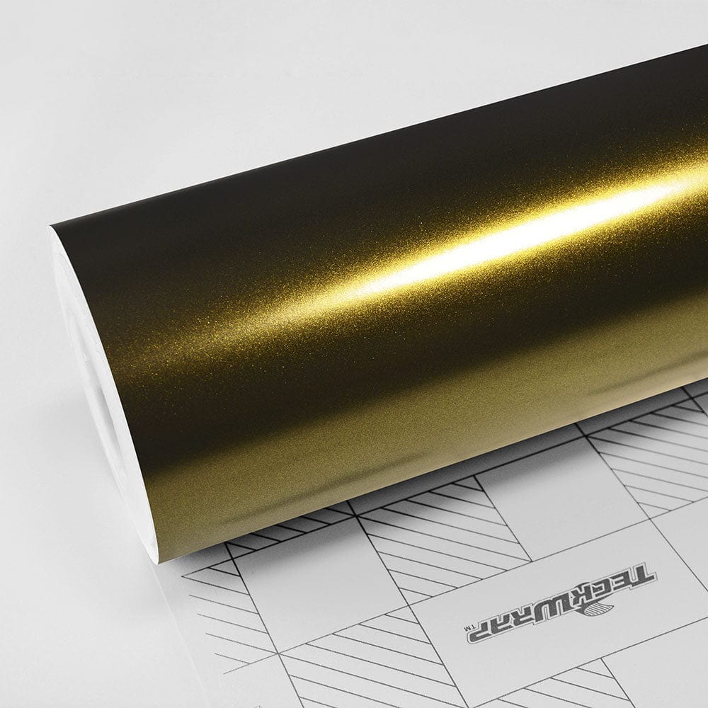 Close-up of TeckWrap Greenfinch Gold (HM09) satin vinyl wrap roll showing metallic shimmer