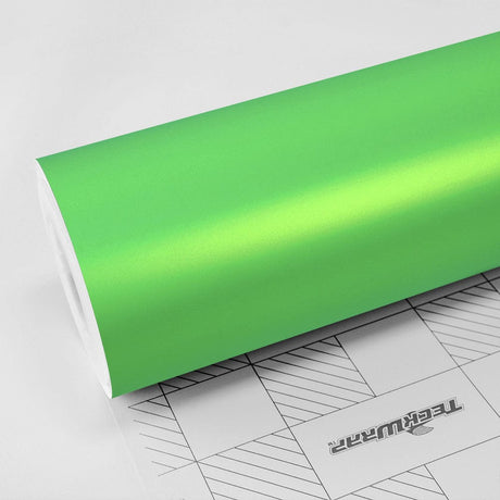 Roll of Paradise Green Satin Vinyl Wrap (SMT12) by TeckWrap, showcasing its smooth, satin finish and vibrant green color.