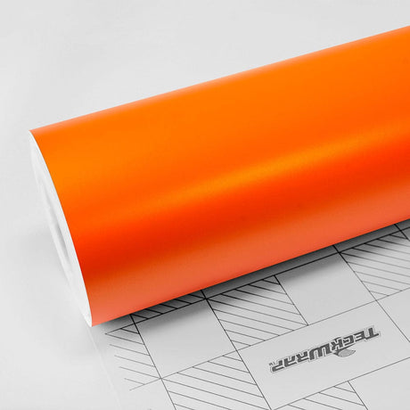 TeckWrap Solar Orange Satin Vinyl Wrap (SMT10) showcasing a smooth, vibrant matte finish ideal for stylish car wraps.