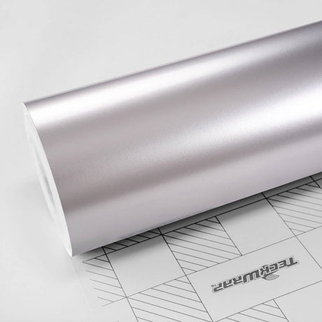 Close-up view of TeckWrap Super Silver Sage (VCH411-S) vinyl wrap roll in satin finish, showcasing its elegant silver tone and smooth texture.