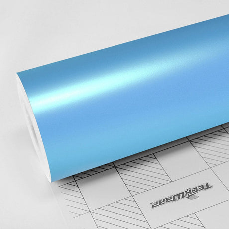 Close-up of TeckWrap Surf Blue (SMT11) Satin Vinyl Wrap Roll with Smooth Finish, Showcasing Vibrant, Soft Blue Hue Ideal for Vehicle Customization
