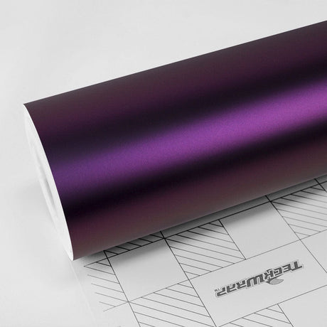 Close-up of TeckWrap Satin Venetian Violet vinyl wrap (SMT03) showcasing its smooth, satin finish and deep purple hue, ideal for car customization.