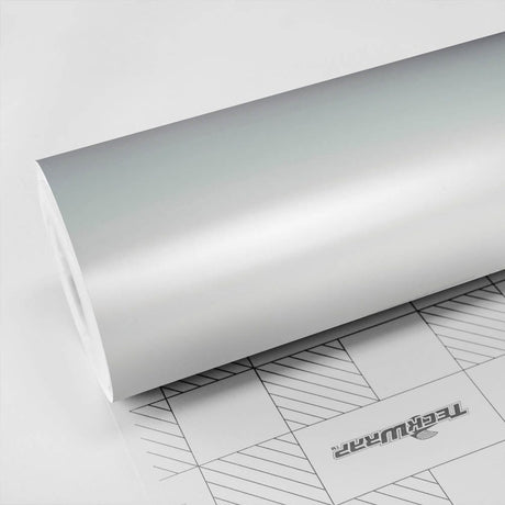 Close-up roll of Teckwrap White Satin (CK903) vinyl wrap, highlighting its sleek satin finish and smooth, refined texture.