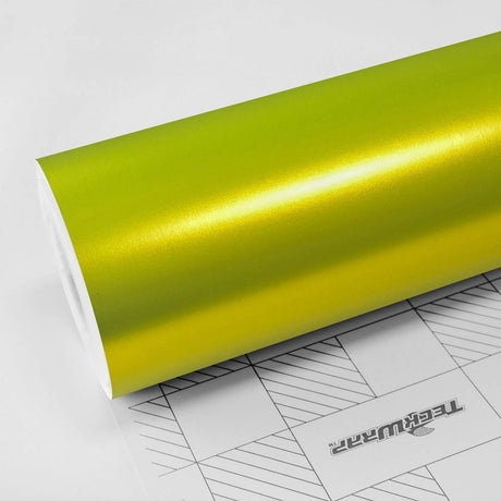 TeckWrap Yellow Lime satin vinyl wrap roll with metallic lime green finish, designed for premium car wrapping.