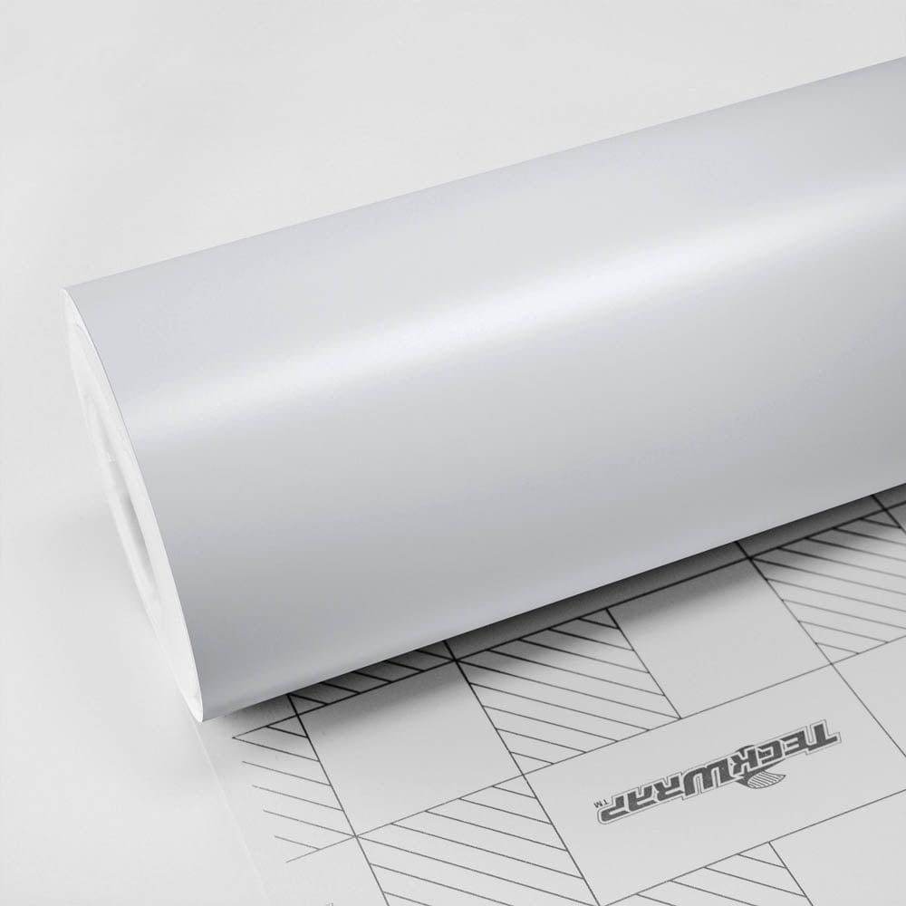 Close-up roll of Teckwrap White Matte (CM02) vinyl wrap, highlighting its smooth, non-reflective matte white finish.