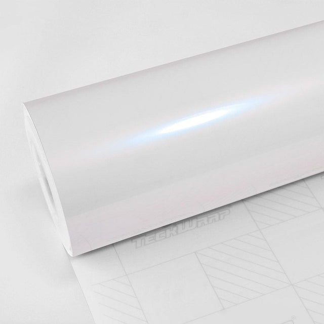 Close-up roll of Teckwrap Light Blue Pearl (CK524-HD) gloss vinyl wrap, highlighting its high-gloss finish with a subtle, luminous blue pearl reflection.