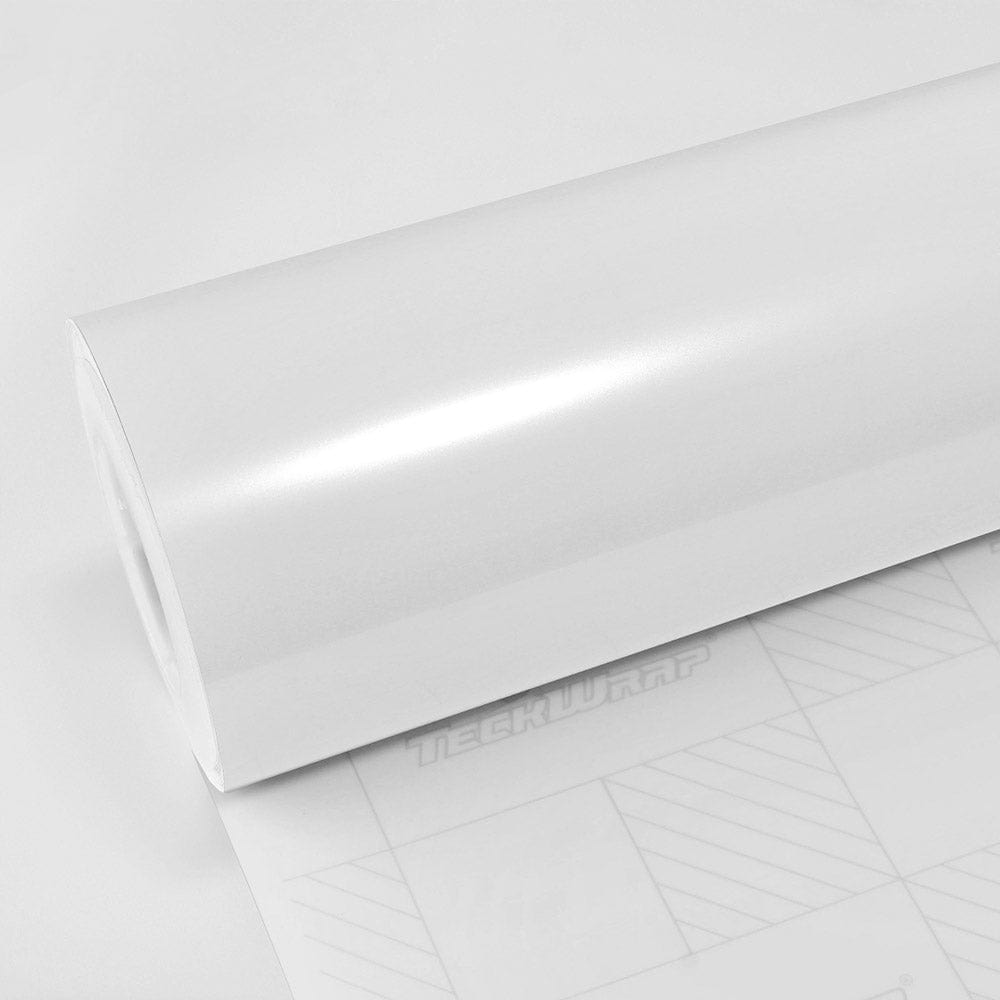 Hands holding a sheet of Teckwrap White Pearl (CK522-HD) vinyl wrap, emphasizing its smooth, glossy surface and distinctive color-shifting white chameleon pearl reflections.