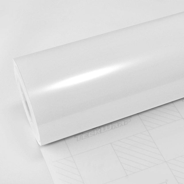 Hands holding a sheet of Teckwrap White Pearl (CK522-HD) vinyl wrap, emphasizing its smooth, glossy surface and distinctive color-shifting white chameleon pearl reflections.