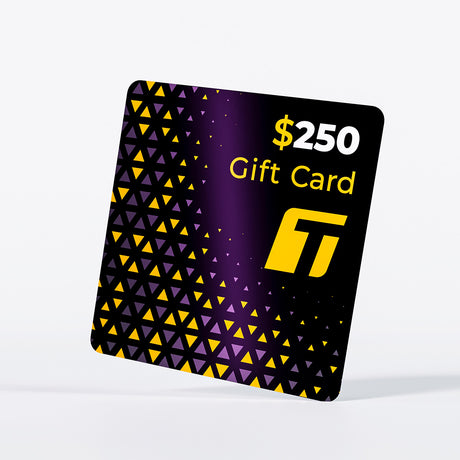 Dynamic $250 TeckWrap gift card in purple and gold tones with triangle mosaic pattern, designed for larger purchases of wrap tools and films.