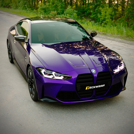 BMW wrapped in TeckWrap Silent Purple (GAL34-HD) glossy vinyl film on the road