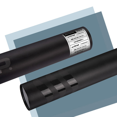 Close-up view of two sleek, black cylindrical tubes from TeckWrap's Zenith Series Window Film Sample Set, showcasing detailed labels and glossy branding.