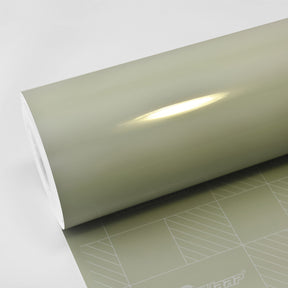 Moss Green CG23-HD Glossy Vinyl Wrap roll by TeckWrap, showcasing its sleek olive tone and high-gloss finish on branded release liner.