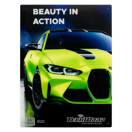 TeckWrap promotional panel with a stunning neon green wrapped performance car, underscoring the 'Beauty in Action' theme.