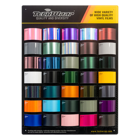 Detailed front-view of TeckWrap Display Set's cool-tone swatch panel, displaying premium gloss and metallic vinyl wraps in blue, green, purple, and silver shades.