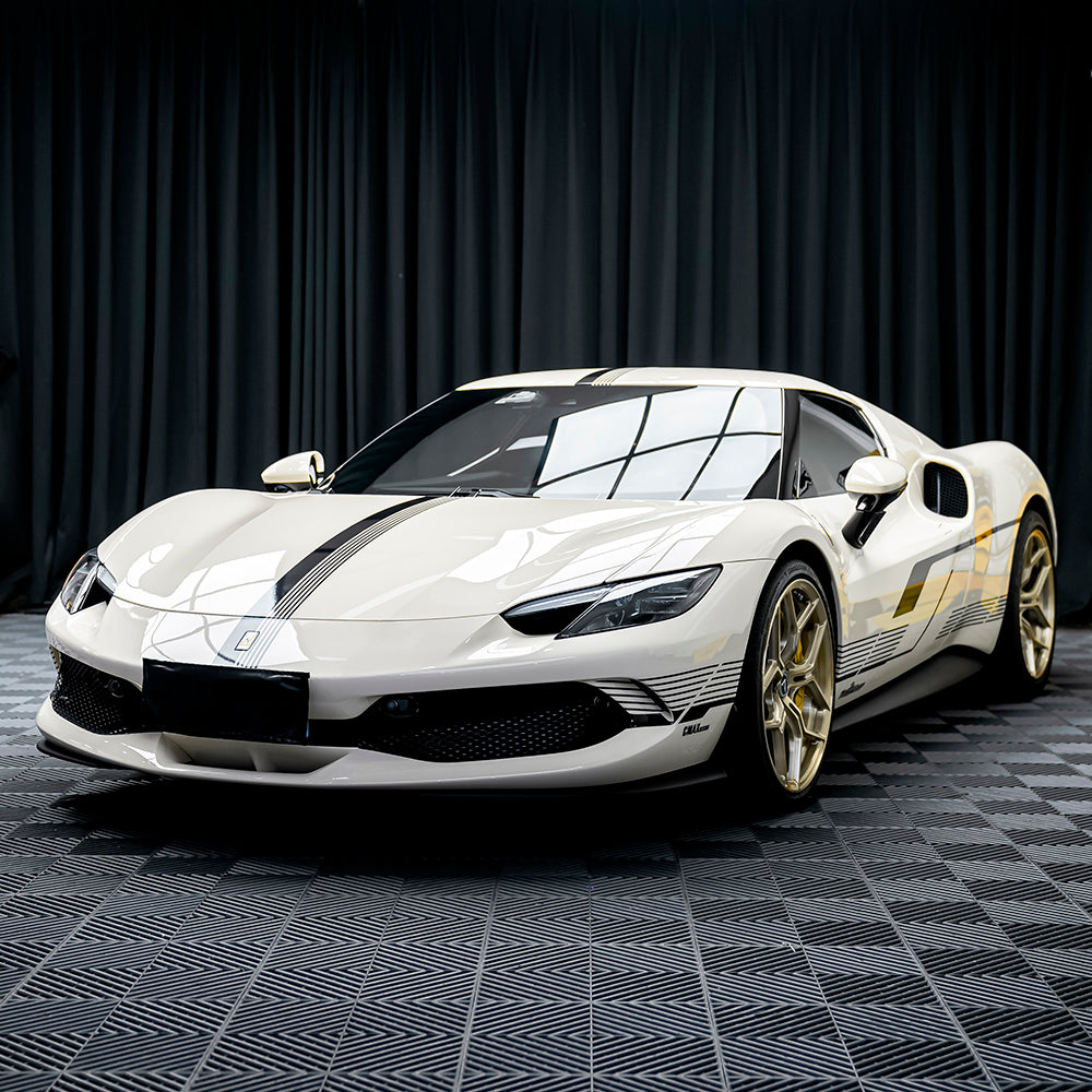 Ferrari 296 GTB wrapped in gloss vanilla wrap with custom stickers, frontside view