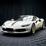 Ferrari 296 GTB wrapped in gloss vanilla wrap with custom stickers, frontside view