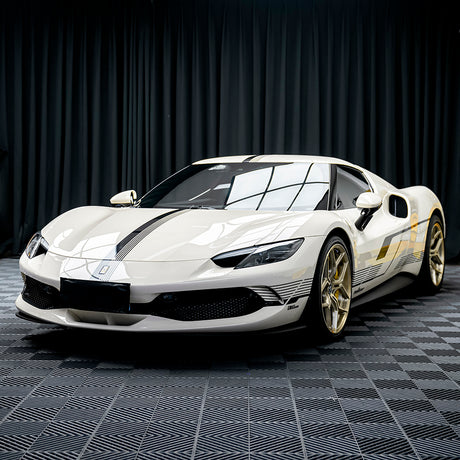 Ferrari 296 GTB wrapped in gloss vanilla wrap with custom stickers, frontside view