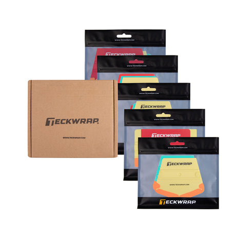 TeckWrap vinyl wrap squeegee kit with colorful ergonomic tools in individual branded packaging, presented alongside eco-friendly shipping box.