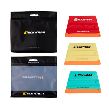 TeckWrap triple squeegee tool set in red, yellow, and turquoise, with soft felt edge and branded zipper bags for professional car wrap installations.