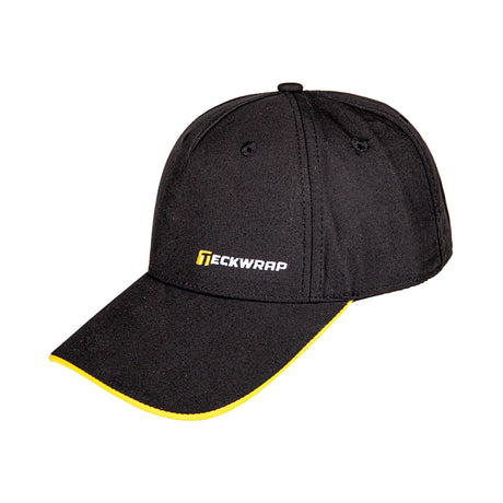 Black cap with yellow trim and 'Teckwrap' logo on a white background
