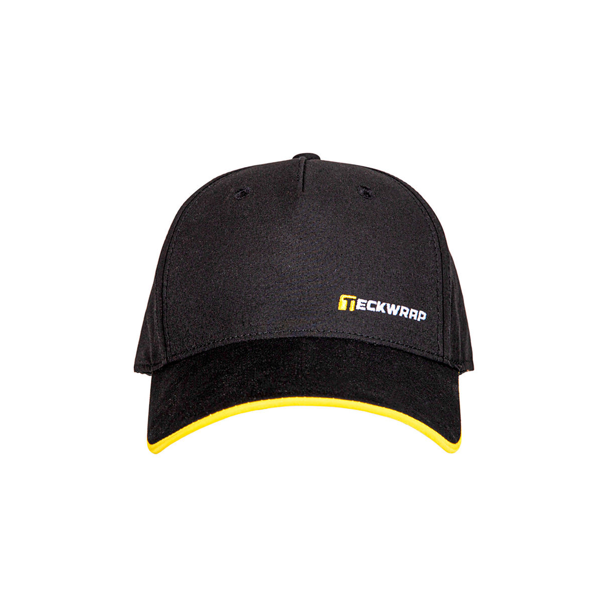 Front of Teckwrap Black cap with yellow rim and logo on a white background