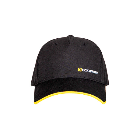 Front of Teckwrap Black cap with yellow rim and logo on a white background