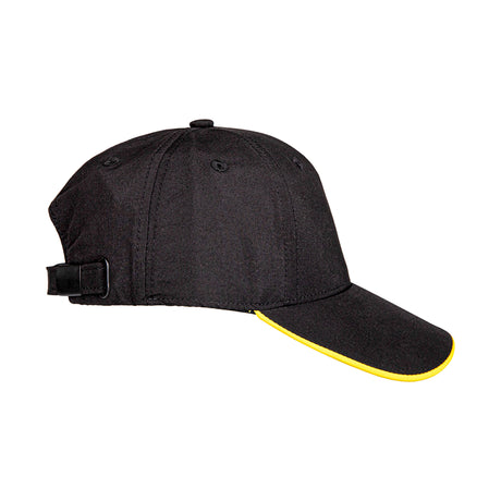 Black cap with yellow rim on a white background
