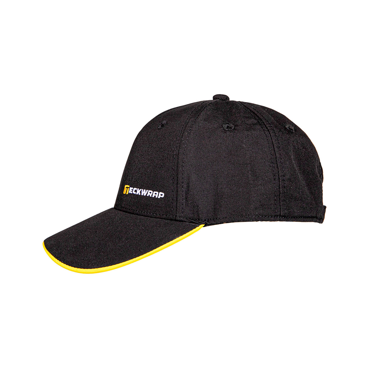 Black cap with yellow rim and 'Teckwrap' logo on a white background side view