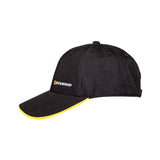 Black cap with yellow rim and 'Teckwrap' logo on a white background side view