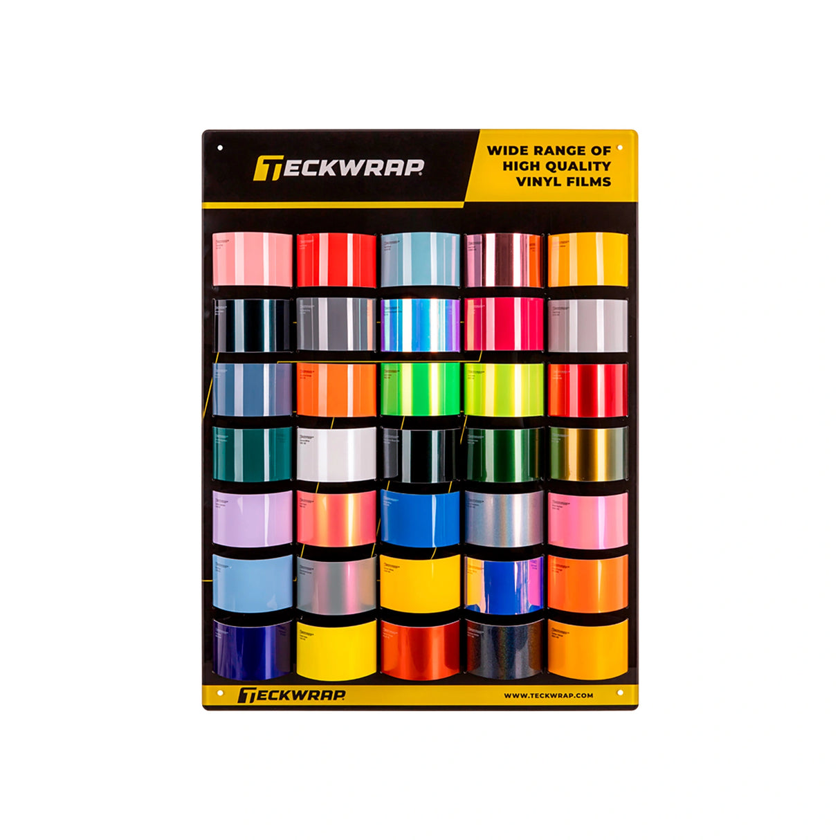 Display of colorful vinyl rolls with Steckwrap branding on a white background