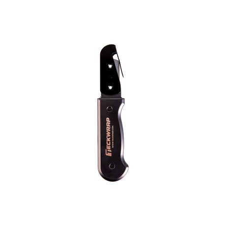 Black folding knife with 'Steckwrap' branding on a white background