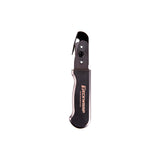 Black pocket knife with a visible brand logo on a white background