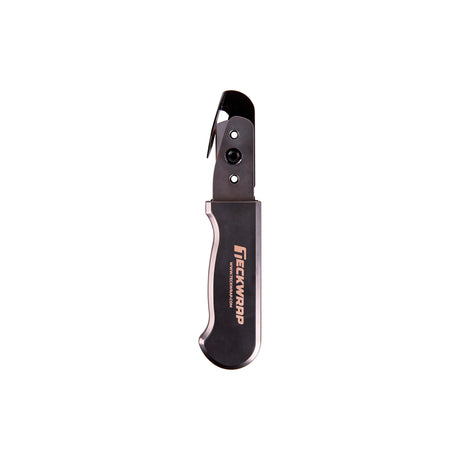 Black pocket knife with a visible brand logo on a white background