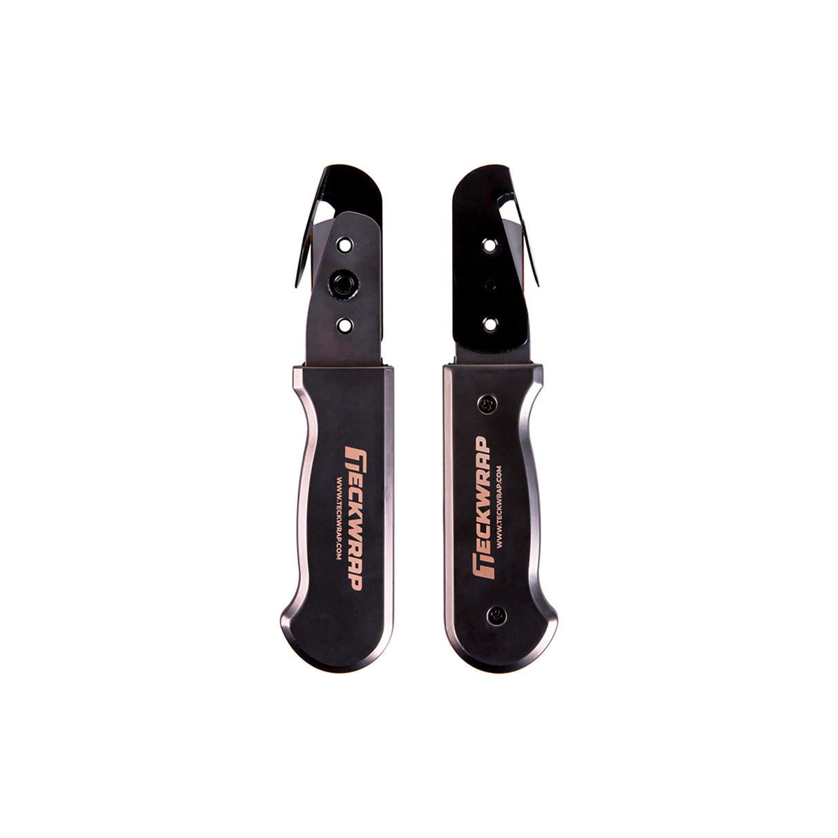 Two black pocket knives with visible branding on a white background