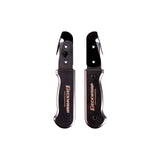 Two black pocket knives with visible branding on a white background